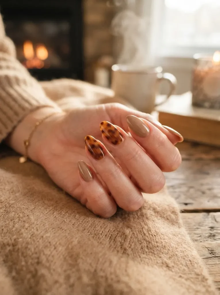 21. Warm Beige Nails with Tortoiseshell Accents