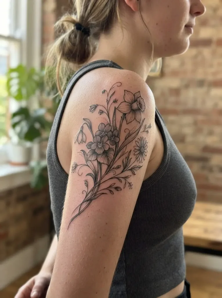 22. Birth Month Flower Bouquet Tattoo