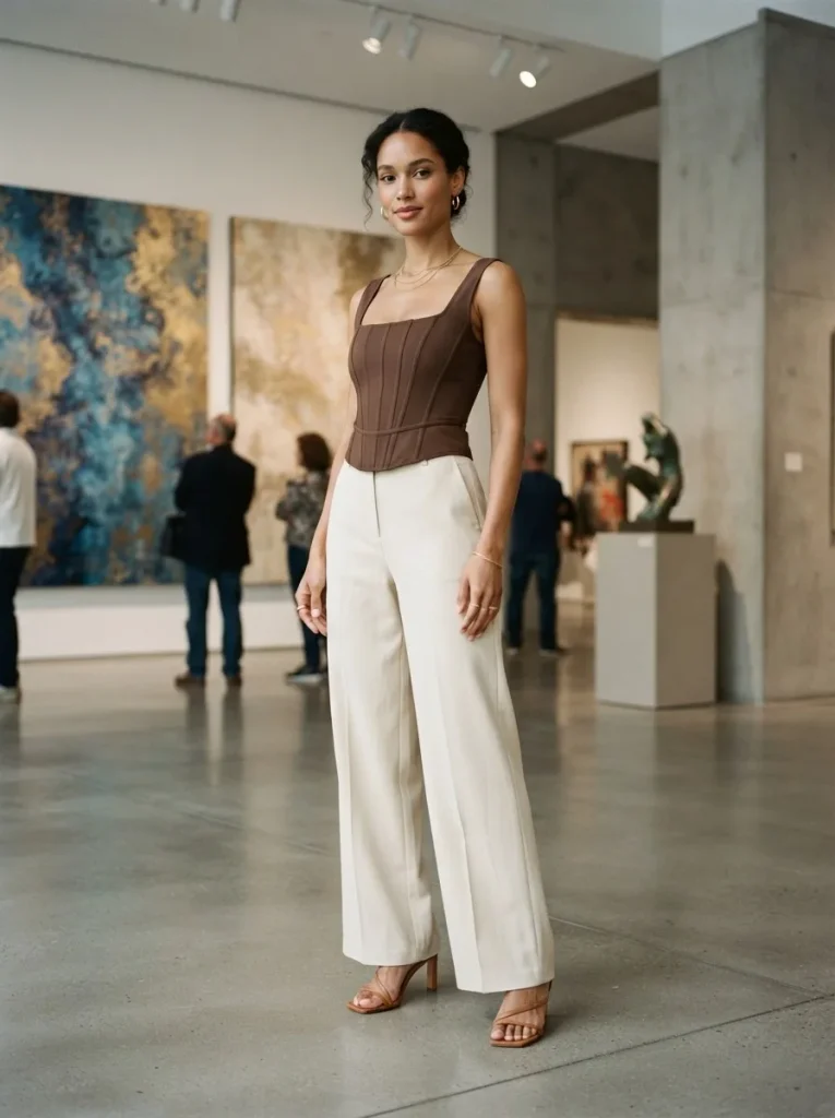 22. Brown Corset Top With Wide-Leg Trousers
