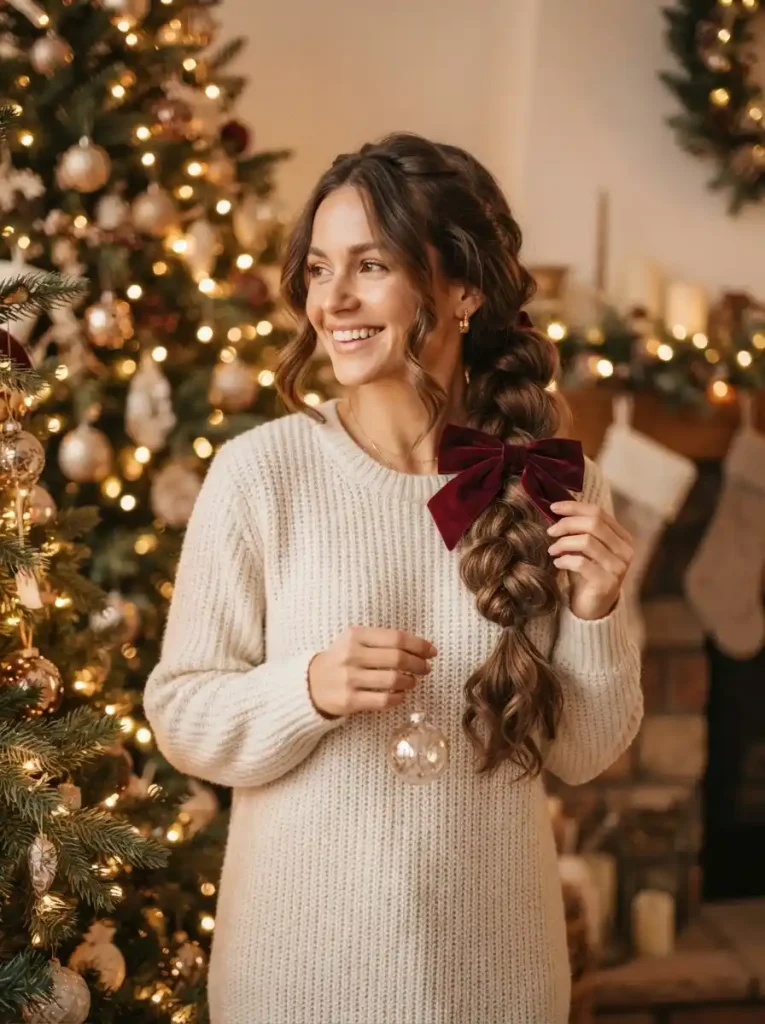 22. Loose Braided Ponytail with a Velvet Bow