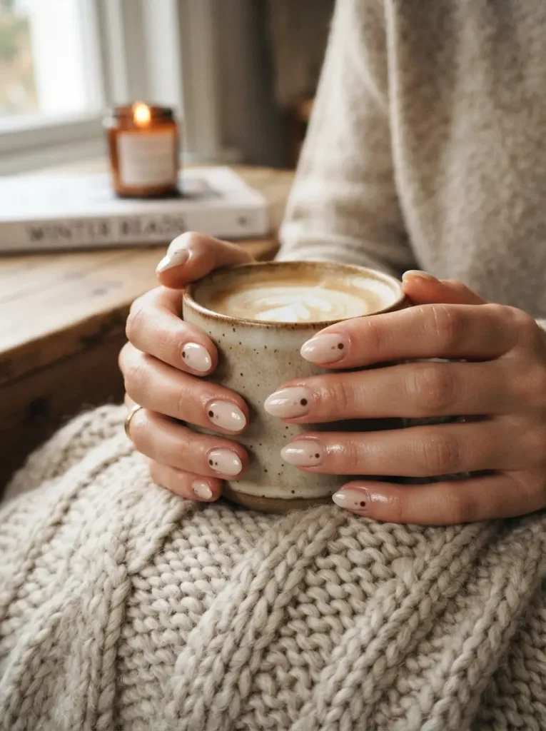22. Sheer Beige Nails with Minimalist Brown Dots