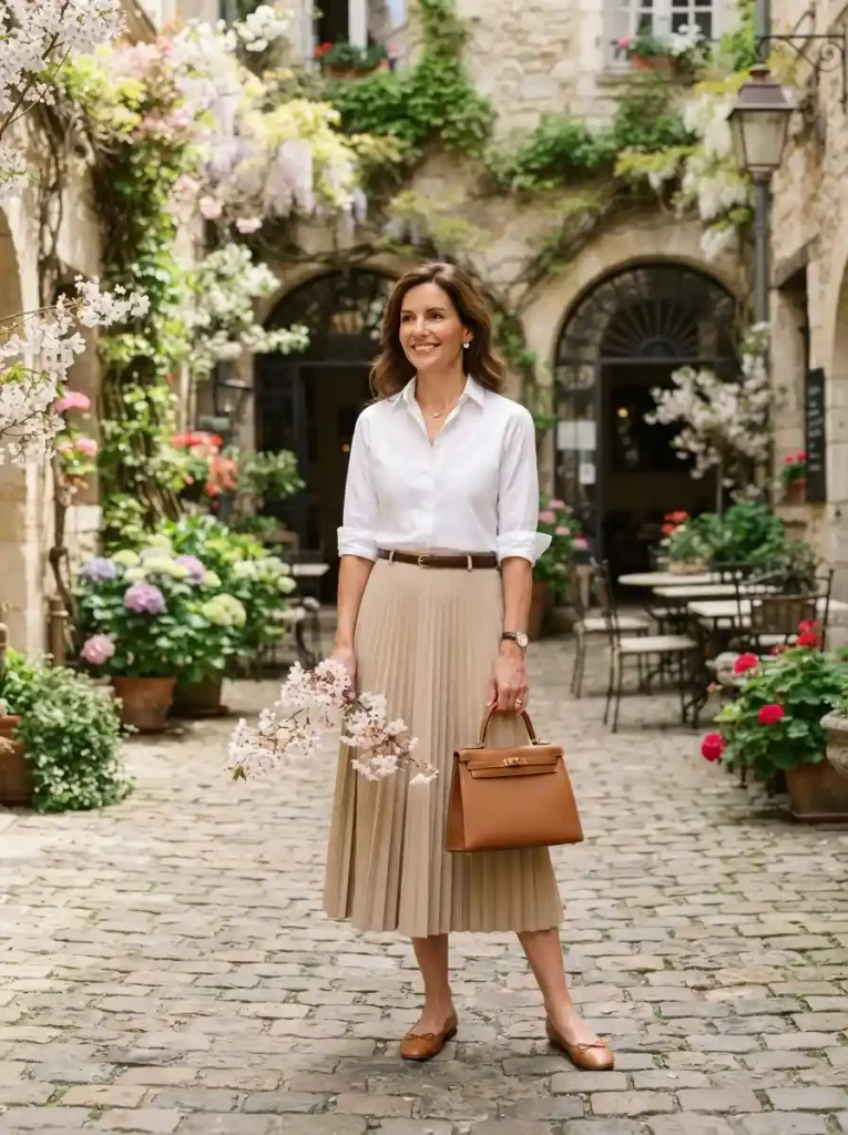 22. The Classic White Shirt with a Pleated Beige Midi Skirt