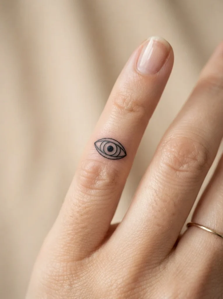 22. Tiny Evil Eye Finger Tattoo
