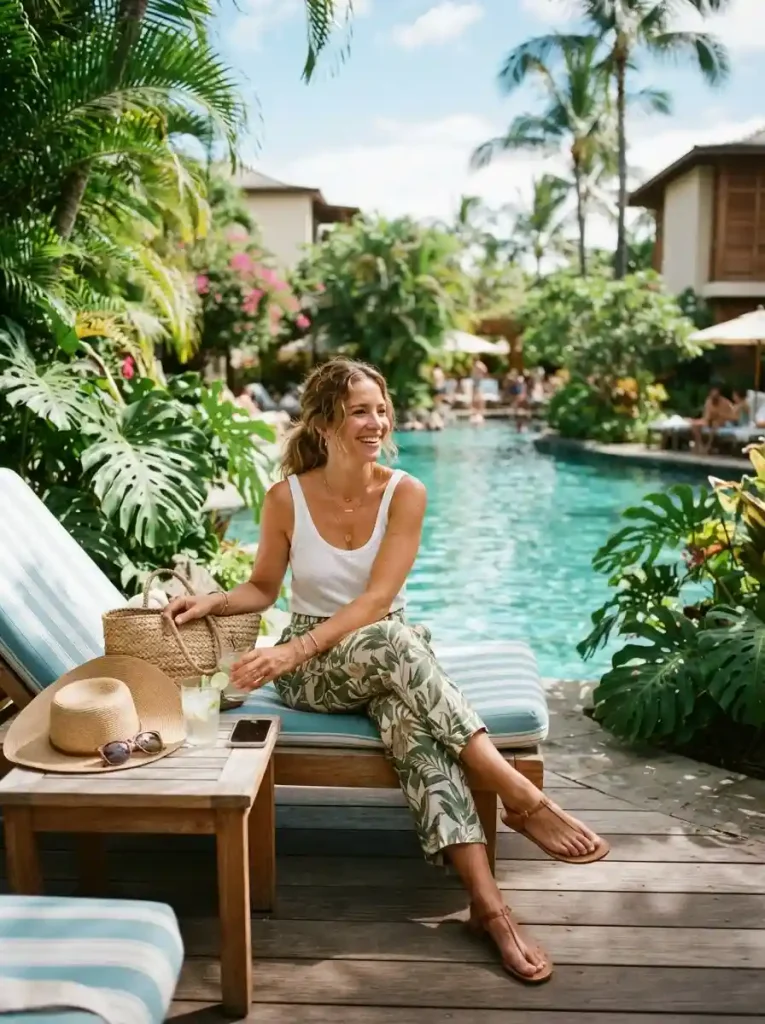 23. Botanical-Print Pants with a Solid White Tank