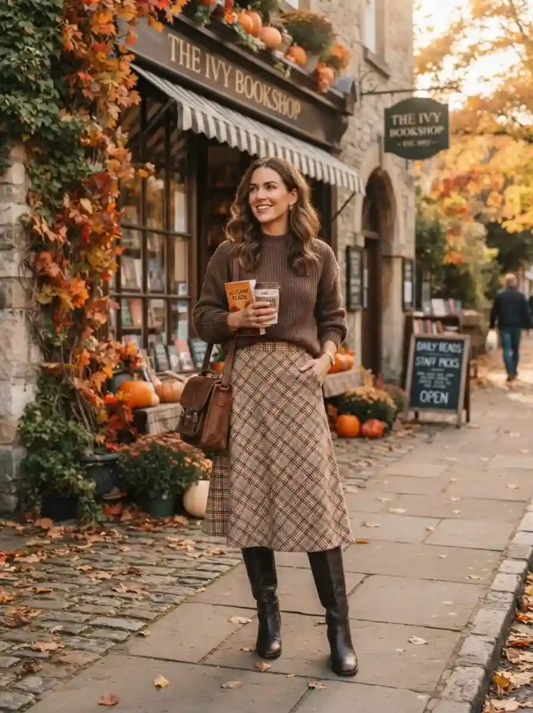 23. Brown Sweater With a Plaid Skirt