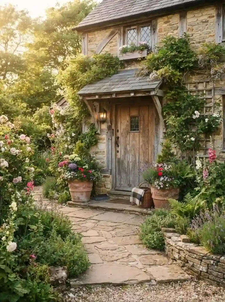 23. Create a Rustic Entryway With Natural Planters and Stone