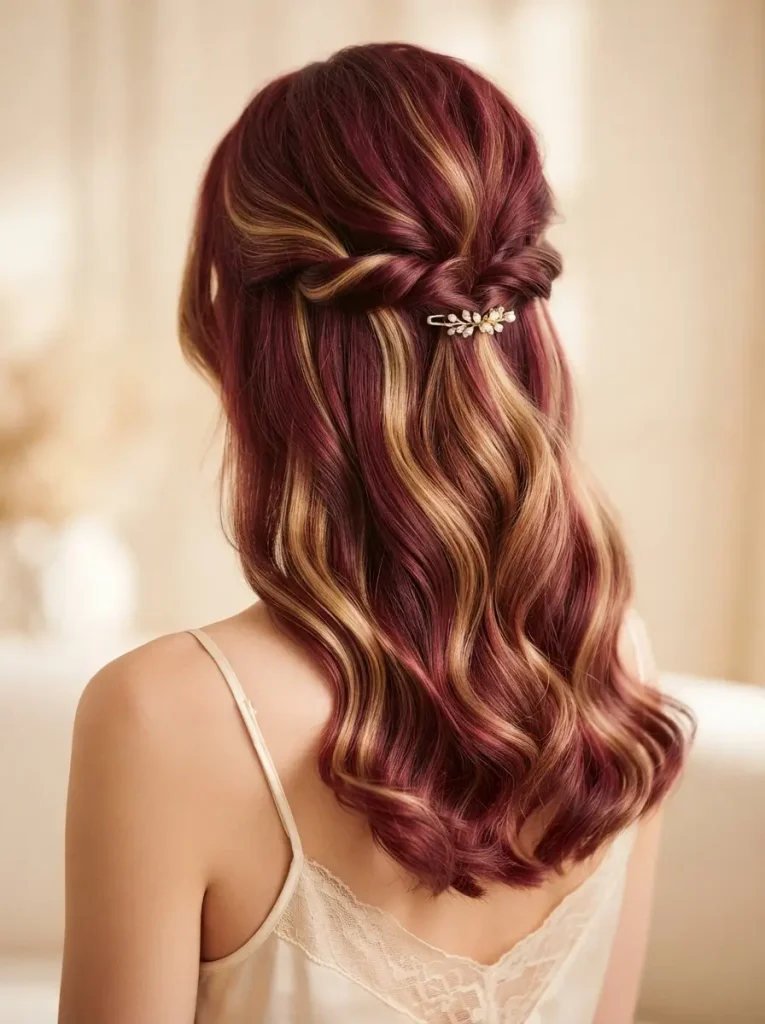 23. Half-Up Wine Red with Golden Blonde Highlights