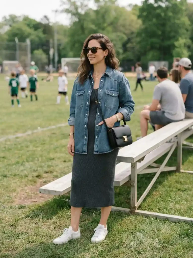 23. Knit Dress With a Denim Shirt Jacket