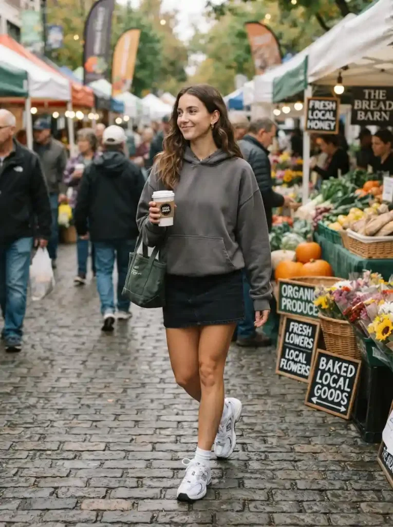 23. Mini Skirt with an Oversized Hoodie and Chunky Sneakers