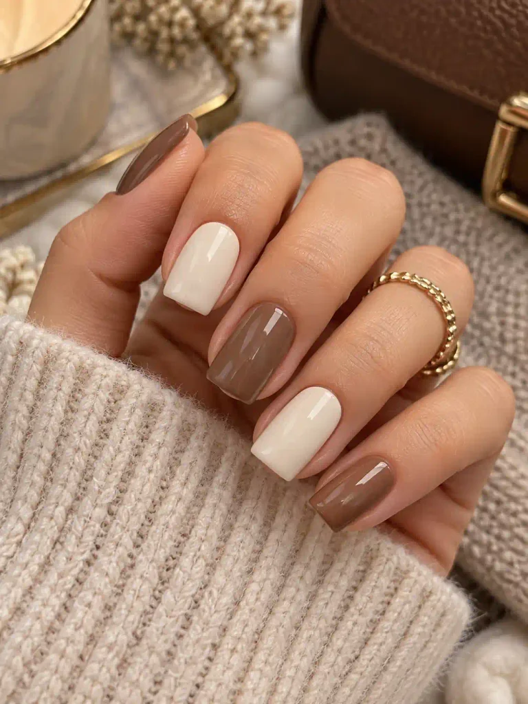 24. Cream and Mocha Alternating Nails