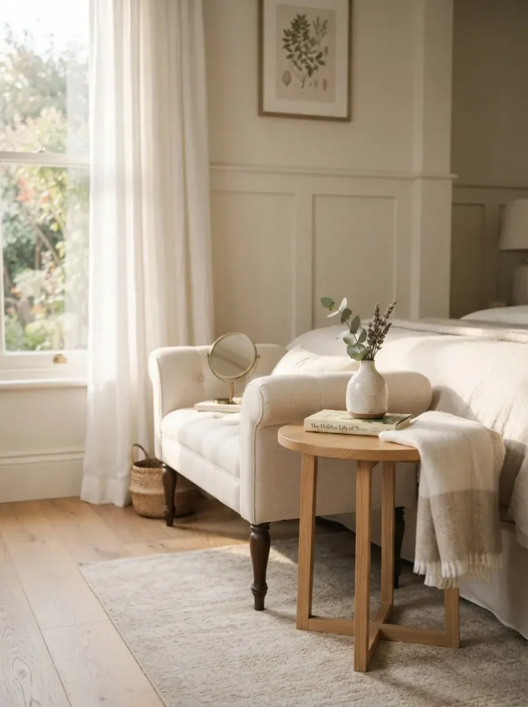 24. Finish the Bedroom With an Elegant Dressing Bench and Side Table