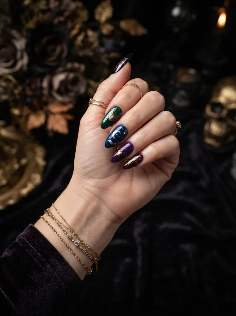 24. Halloween Jewel-Tone Nails