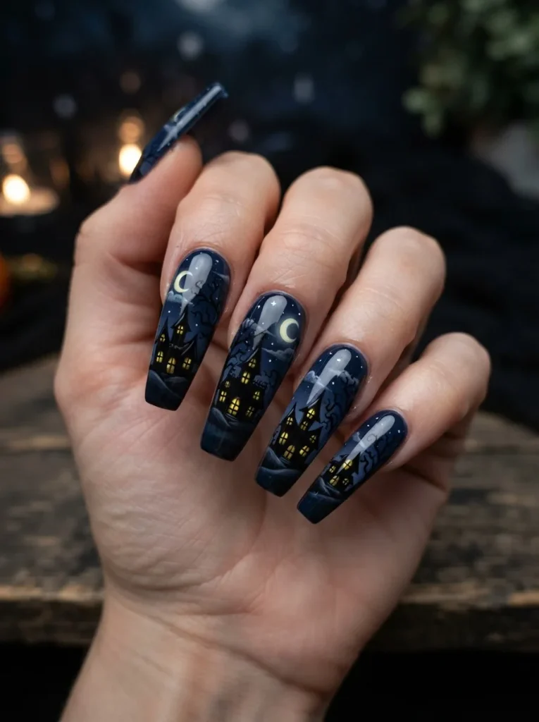 25. Haunted House Silhouette Nails