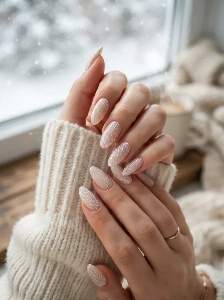 25. Neutral Winter Nails with Delicate Snow-Inspired Details