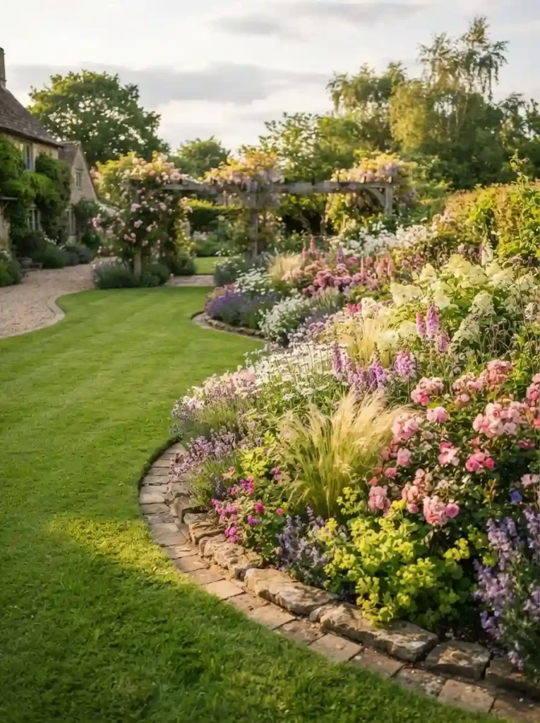 3. Add a Curved Flower Border Along the Lawn