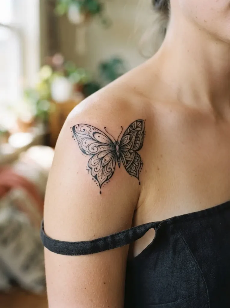 3. Butterfly Shoulder Tattoo with Fine Details