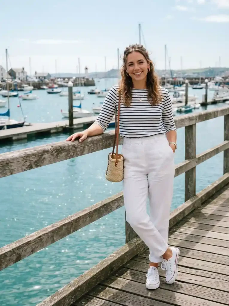 3. Chalk-White Trousers with a Navy Striped Tee
