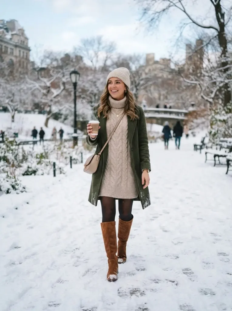 3. Chunky Sweater Dress with Knee-High Boots