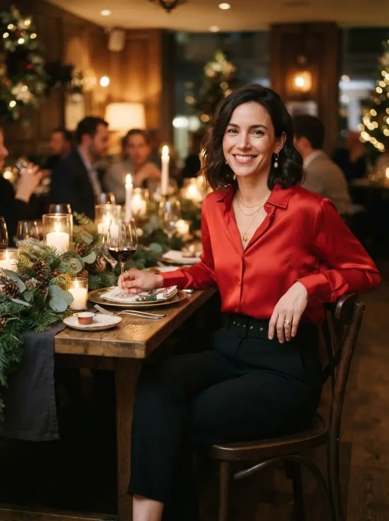 3. Red Satin Blouse with Black Tailored Trousers