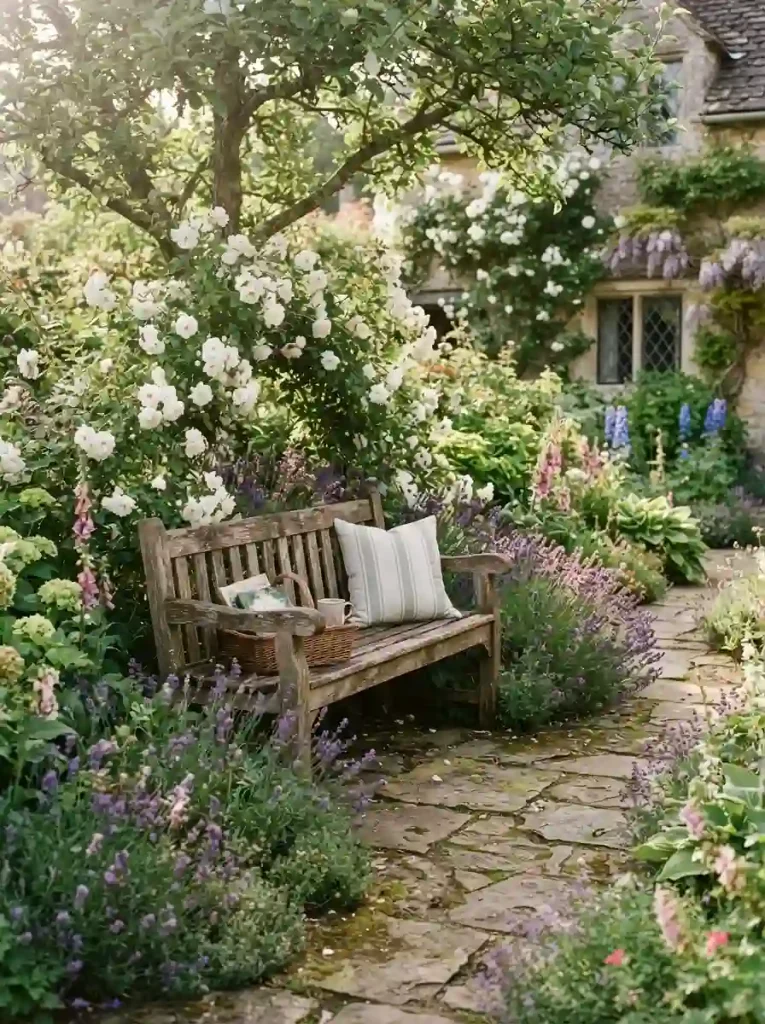 3. White Roses Around a Garden Bench