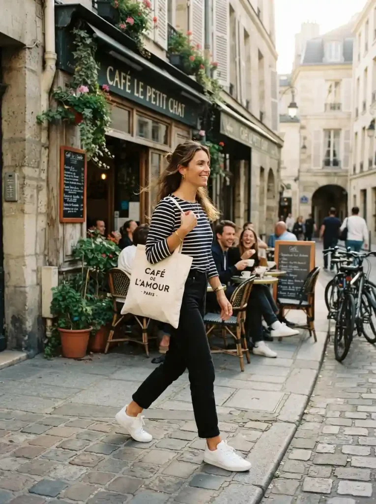 4. Black Jeans with a Classic Striped Top