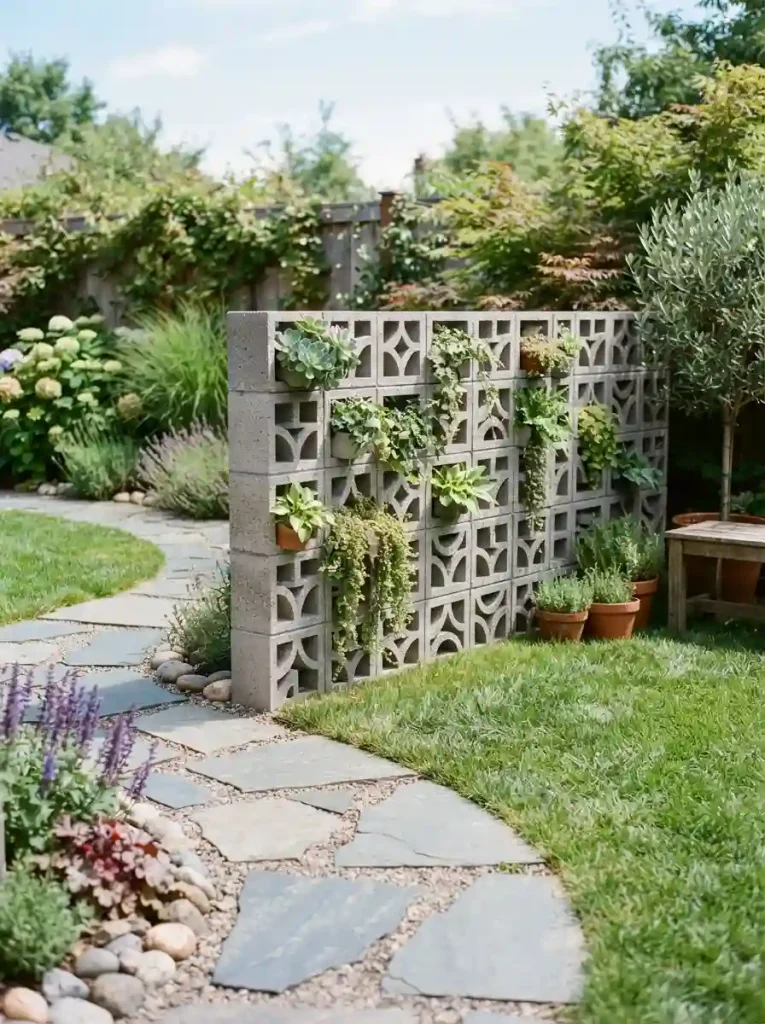 4. DIY Cinder Block Fence With Decorative Plants