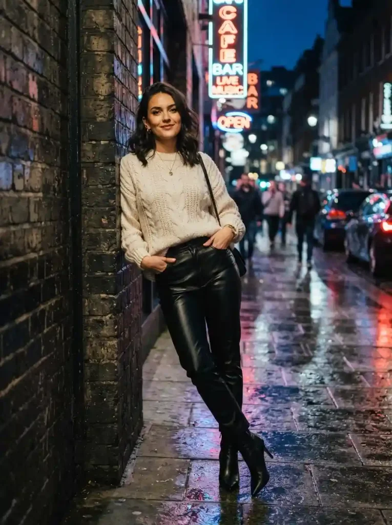 4. Leather Pants with a Cream Cable-Knit Sweater