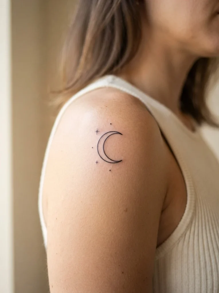 4. Minimalist Crescent Moon Shoulder Tattoo