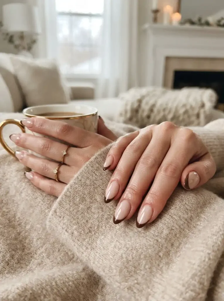 4. Nude Nails with Thin Chocolate French Tips