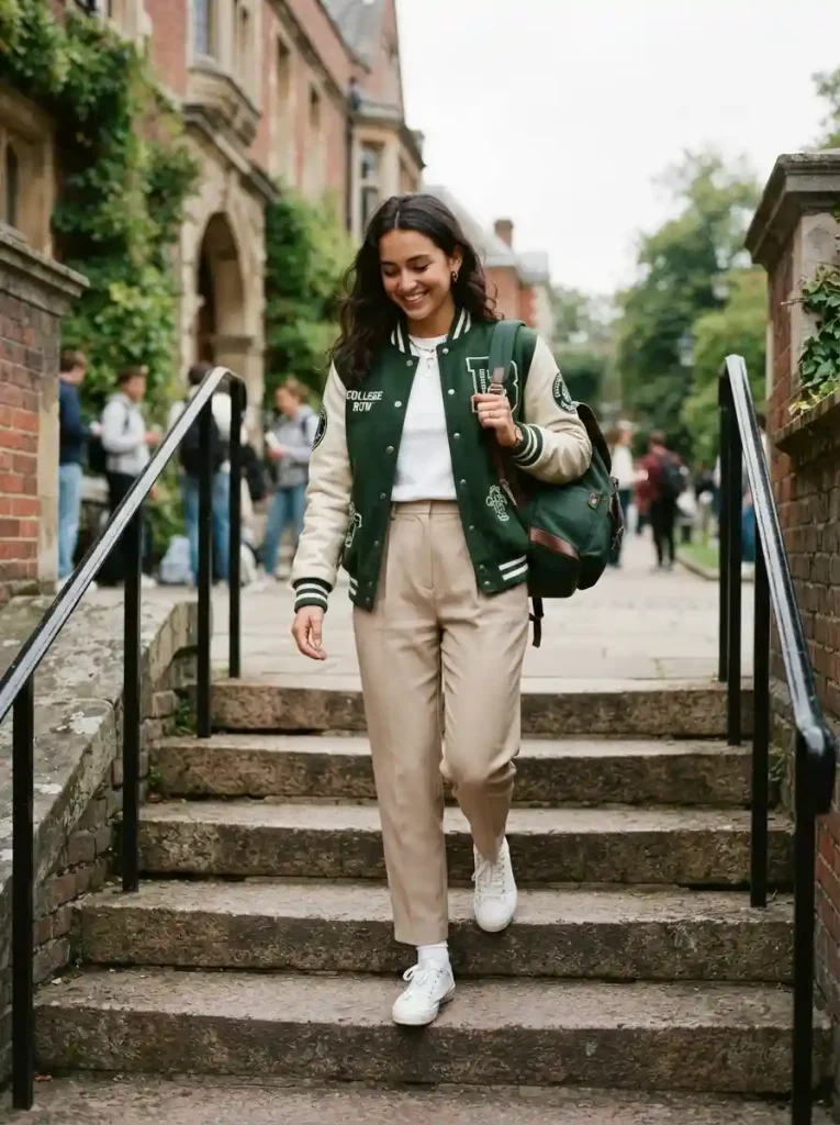 4. Varsity Jacket and Relaxed Trousers