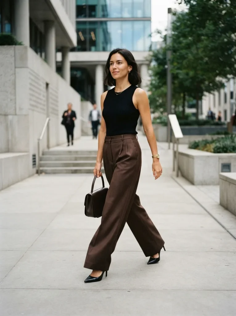 5. Brown Wide-Leg Trousers With a Black Top