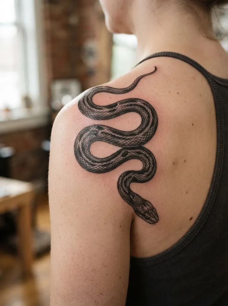 5. Elegant Snake Shoulder Tattoo