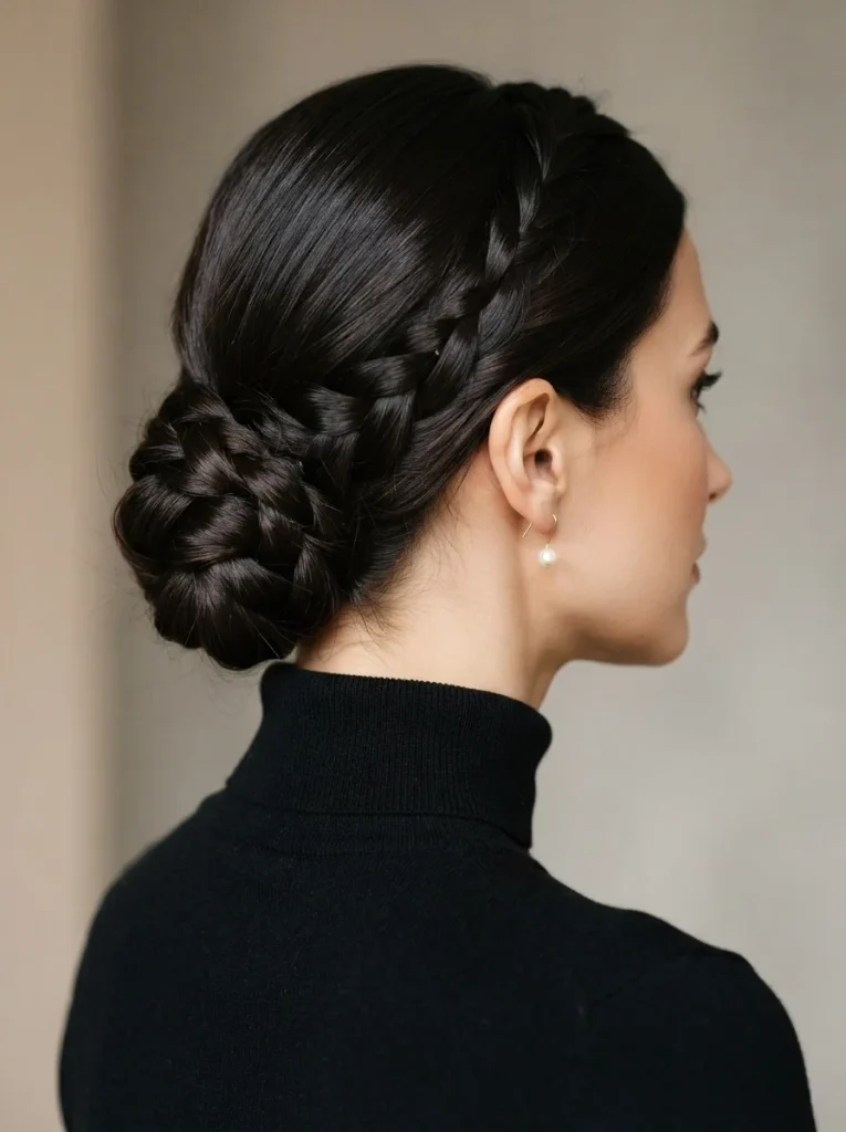 5. Low Braided Bun for Elegant Winter Outfits