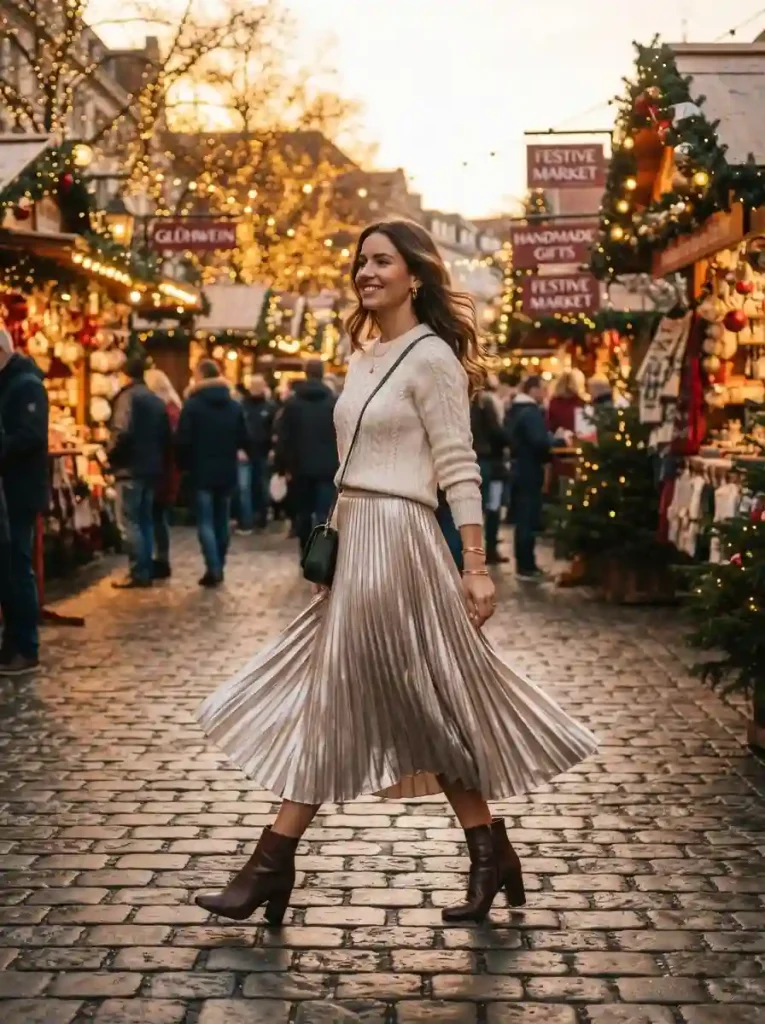5. Metallic Pleated Midi Skirt with a Cream Knit