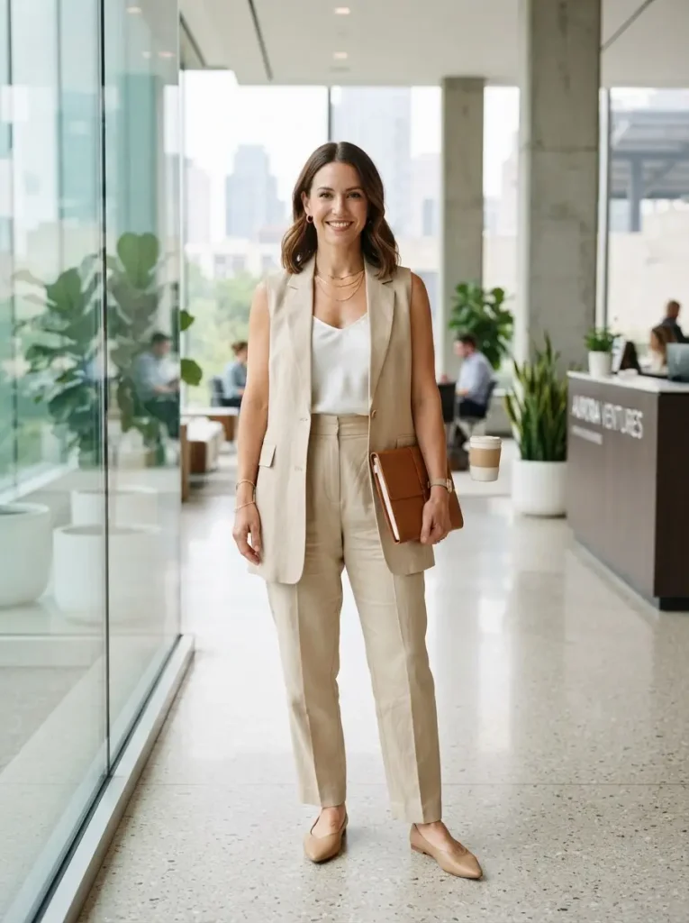 5. Sand Pleated Pants with a Matching Longline Vest