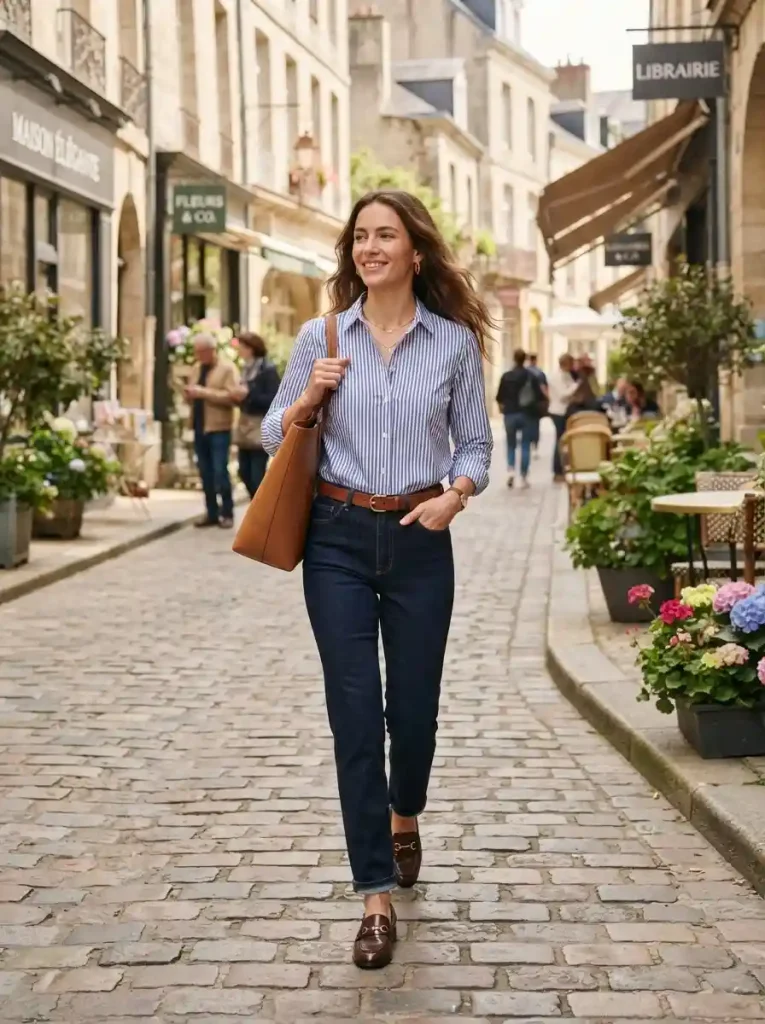 5. Striped Cotton Shirt with Dark Straight-Leg Denim
