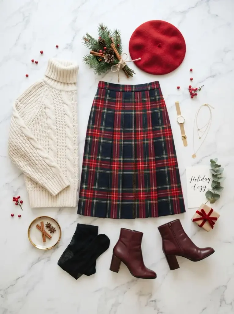 5. Tartan Midi Skirt, Turtleneck and Tights