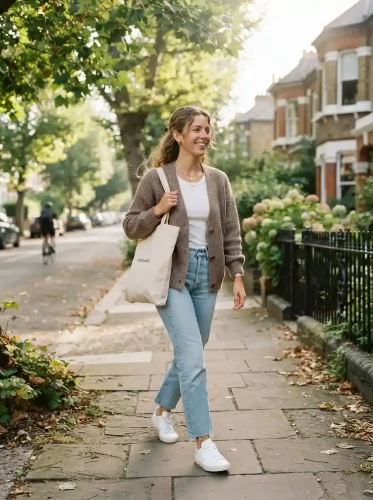 6. Brown Cardigan With Light-Wash Jeans