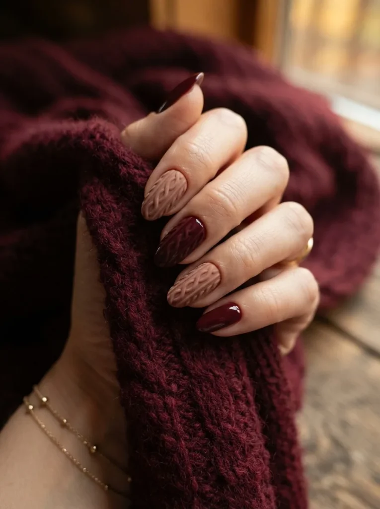 6. Burgundy Cable Knit Accents