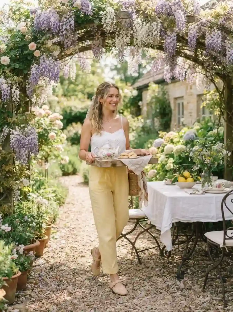 6. Butter-Yellow Pants with a White Eyelet Camisole