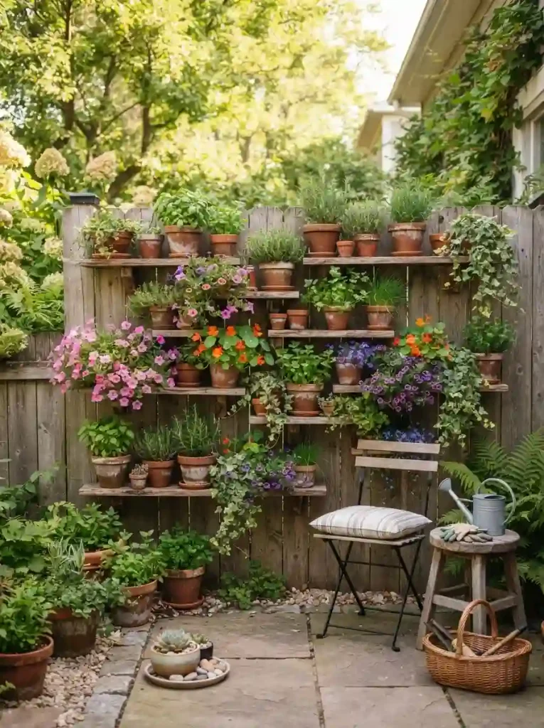 6. DIY Vertical Garden Fence With Built-In Shelves