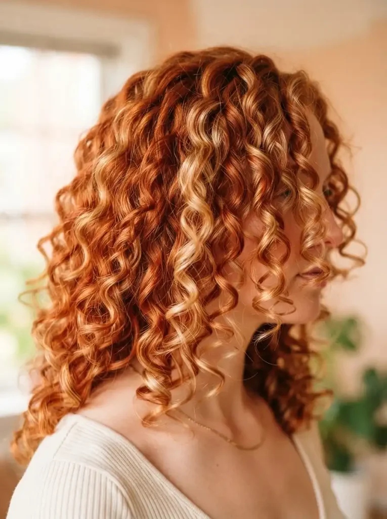 6. Fiery Red Curls with Sunlit Strands