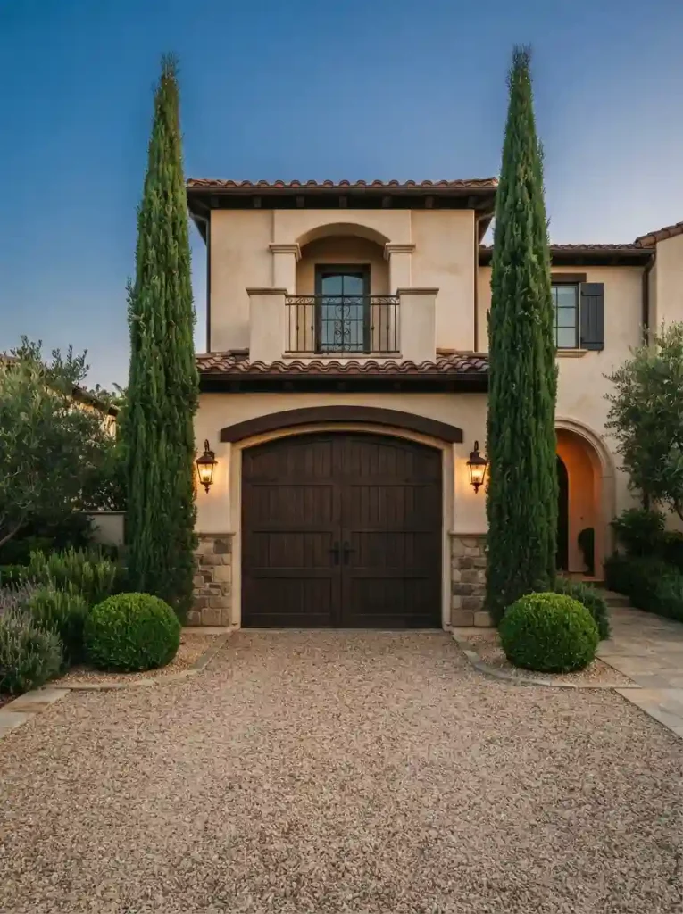 6. Frame the garage doors with columnar evergreens