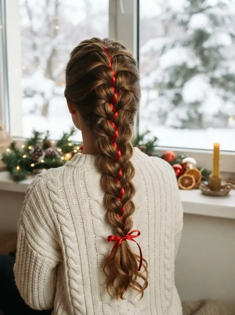 6. French Braid with Festive Ribbon