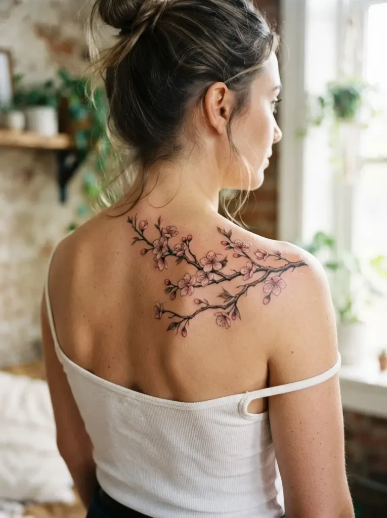 6. Graceful Cherry Blossom Branch Tattoo