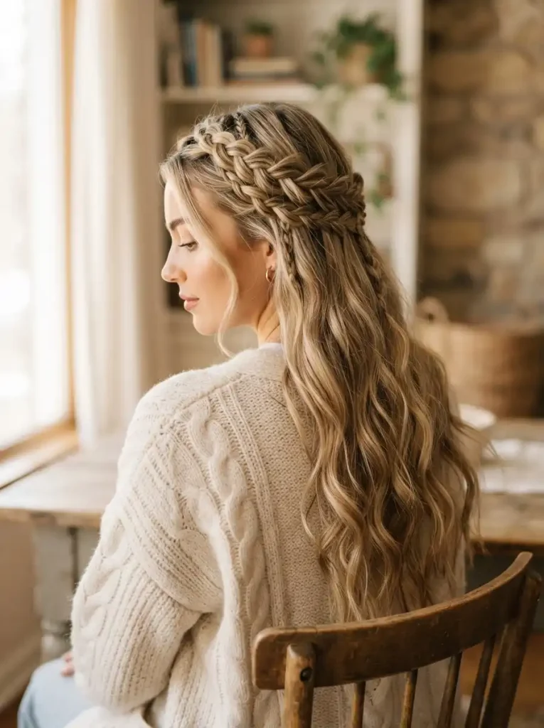6. Half-Up Crown Braid for Soft Winter Waves