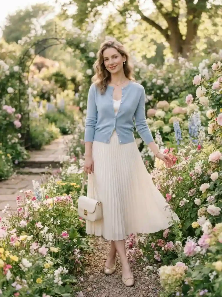 6. Pastel Cardigan with a Pleated Midi Skirt