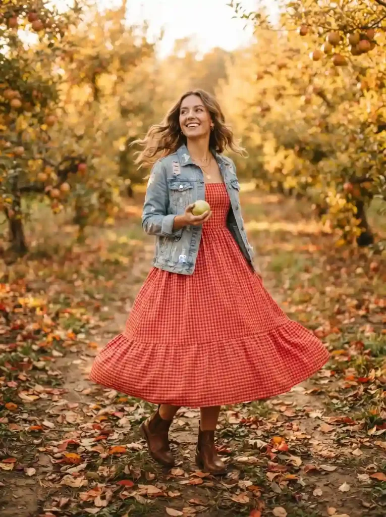 6. Red Gingham Midi Dress with a Denim Jacket