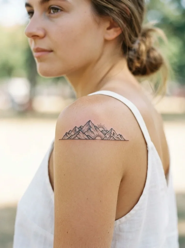 6. Small Mountain Range Shoulder Tattoo