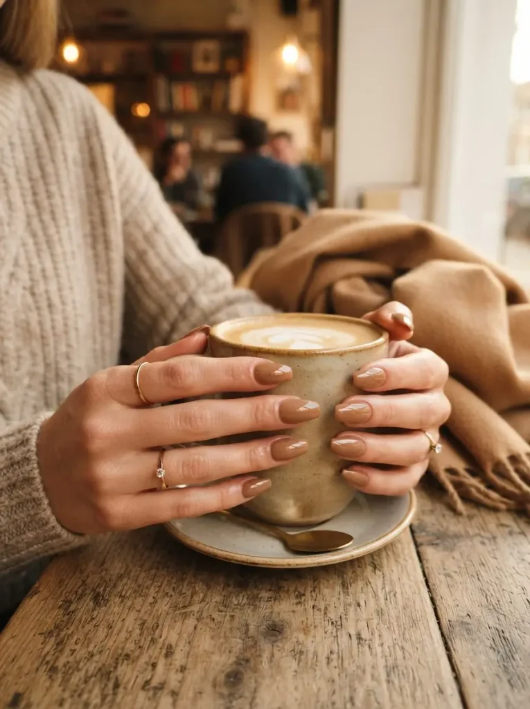 6. Warm Latte Nails with Glossy Depth